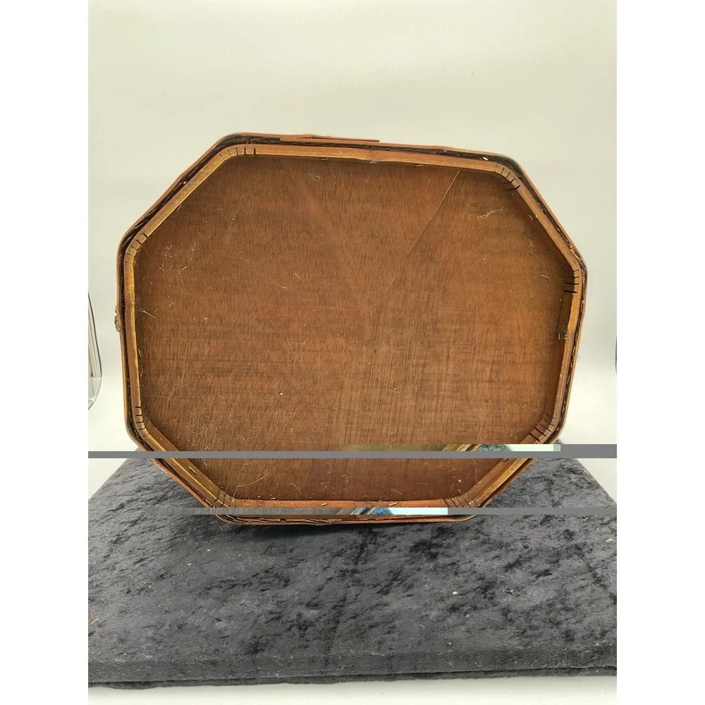 Vintage Rustic French Country Wicker/Wood Chest Brass Basket Wove Copper Inlay